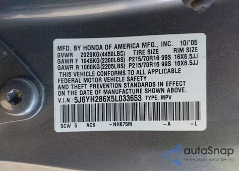 2005 Honda Element Ex from USA, damaged, VIN 5J6YH286X5L033653